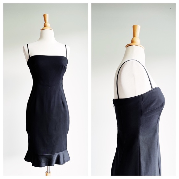 Vintage Dresses & Skirts - 90's VINTAGE | Black Square Neck Ruffle Hem Cocktail Dress | 2